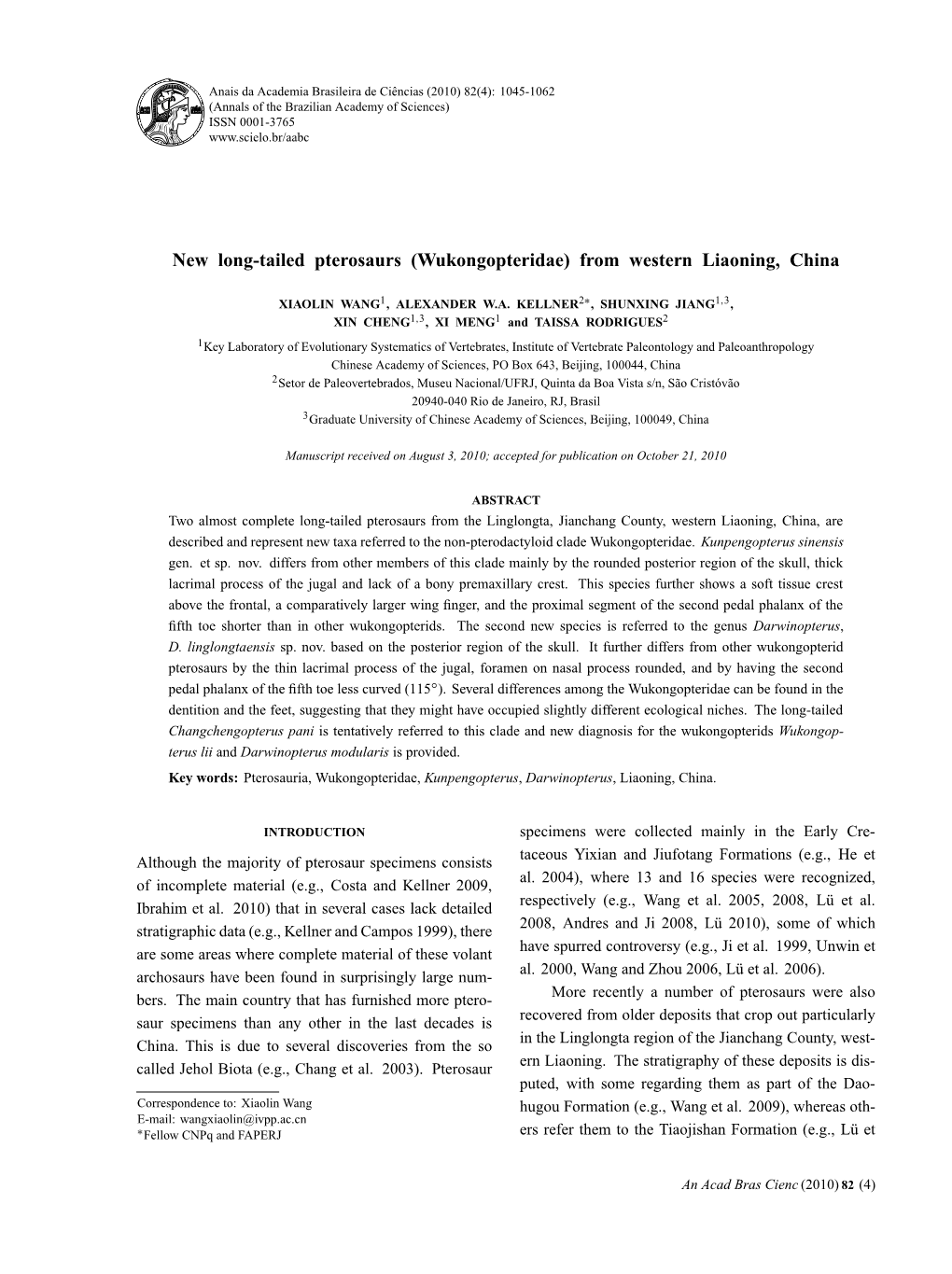 New Long-Tailed Pterosaurs (Wukongopteridae) from Western Liaoning, China