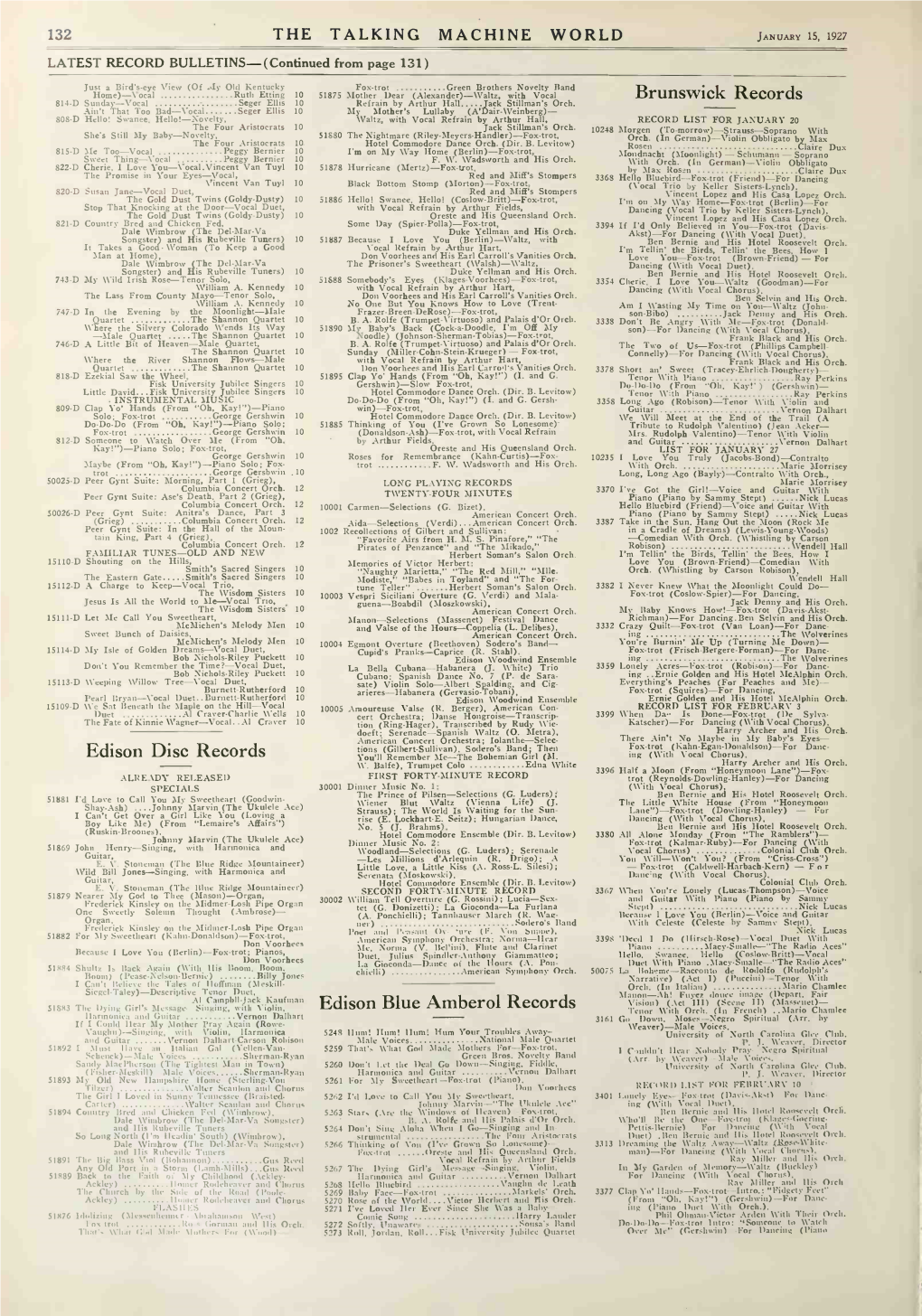 THE TALKING MACHINE WORLD JANUARY 15,1927 LATEST RECORD BULLETINS-(Continued from Page 131)