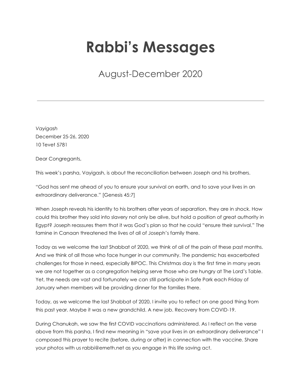 Rabbi's Messages