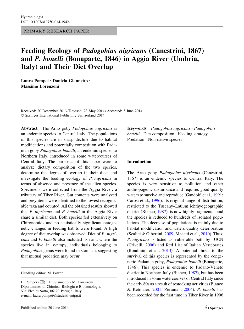 Feeding Ecology of Padogobius Nigricans (Canestrini, 1867) and P