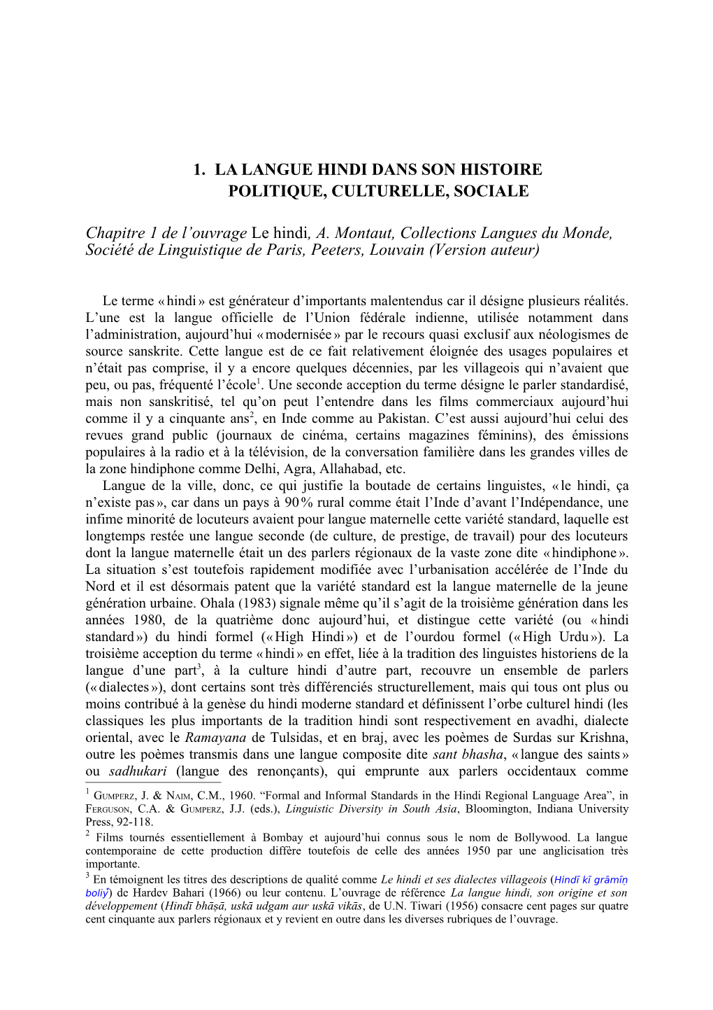 1. La Langue Hindi Dans Son Histoire Politique, Culturelle, Sociale