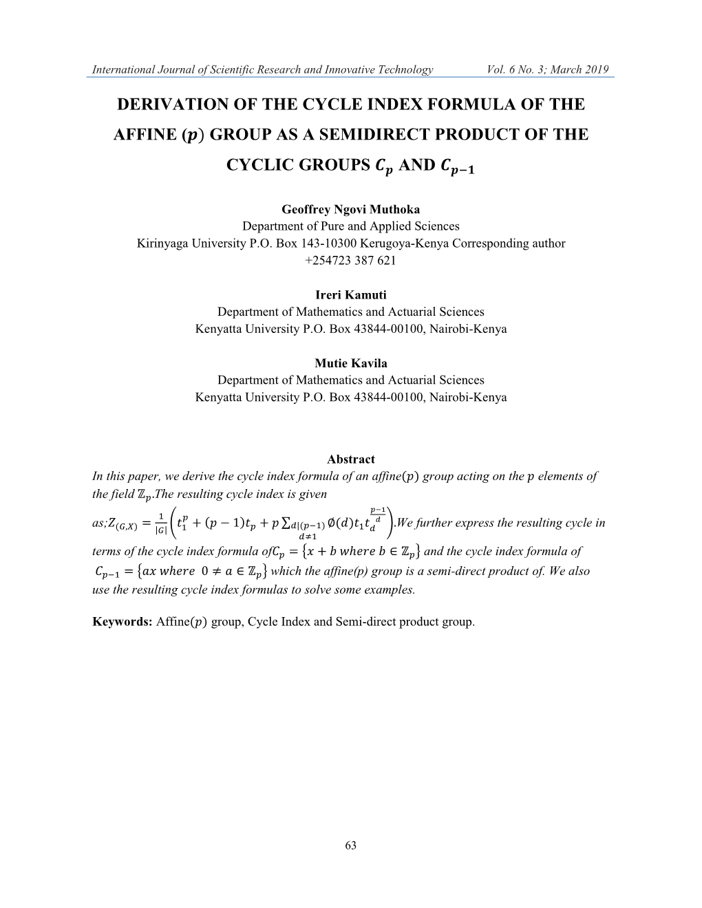 Derivation of the Cycle Index Formula of the Affine ( ) Group As a Semidirect