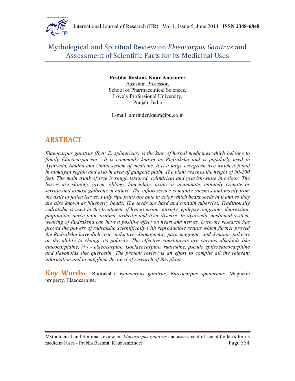 Mythological and Spiritual Review on Eloeocarpus Ganitrus and Assessment of Scientific Facts for Its Medicinal Uses