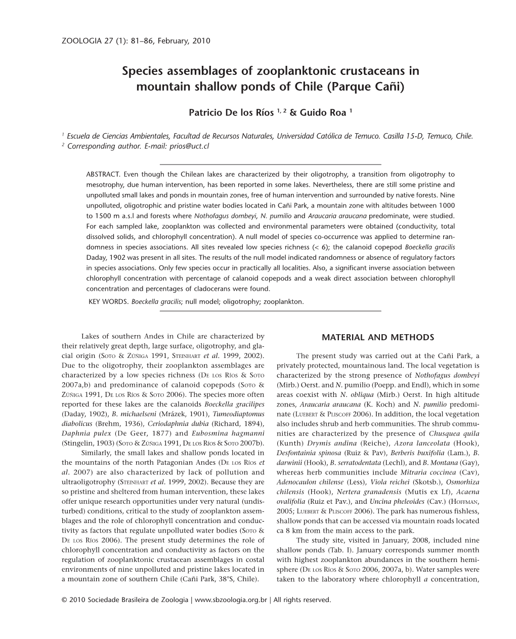 Species Assemblages of Zooplanktonic Crustaceans in Mountain Shallow Ponds of Chile (Parque Cañi)