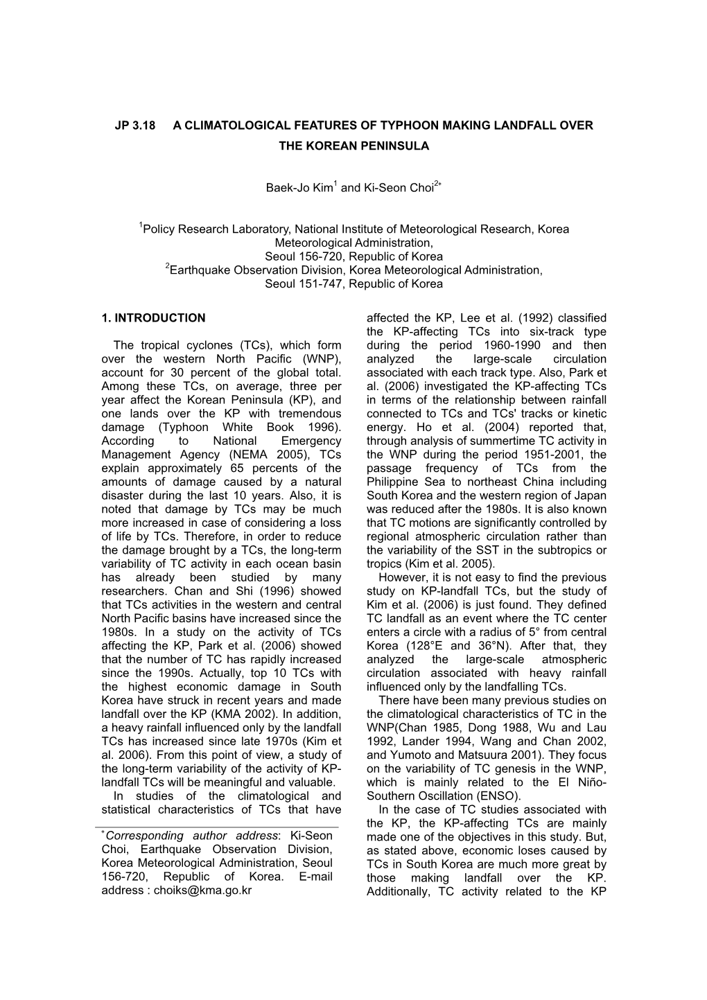 Jp 3.18 a Climatological Features of Typhoon Making Landfall Over the Korean Peninsula