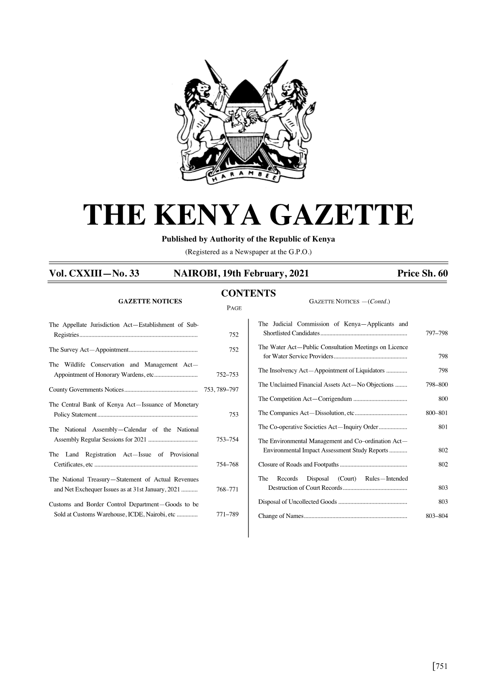 THE KENYA GAZETTE Published by Authority of the Republic of Kenya (Registered As a Newspaper at the G.P.O.)