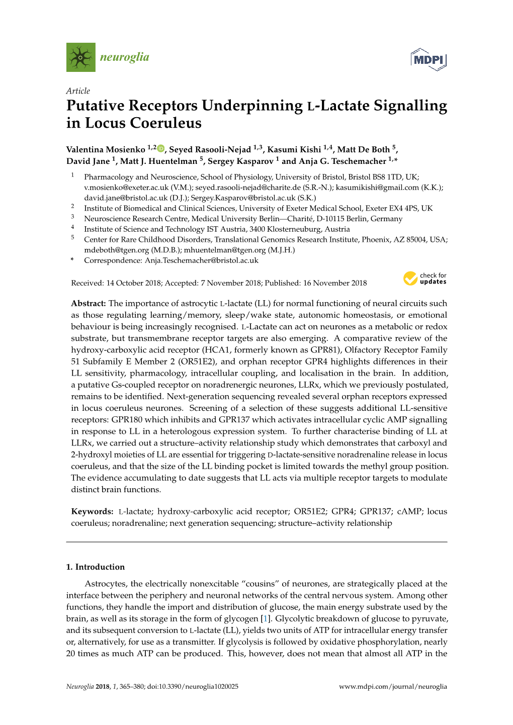 Putative Receptors Underpinning L-Lactate Signalling in Locus Coeruleus
