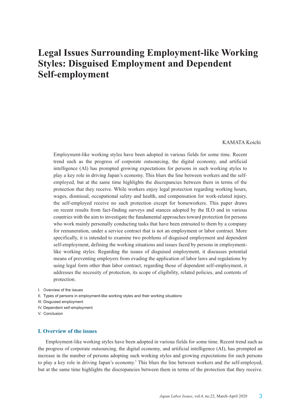 Legal Issues Surrounding Employment-Like Working Styles: Disguised Employment and Dependent Self-Employment