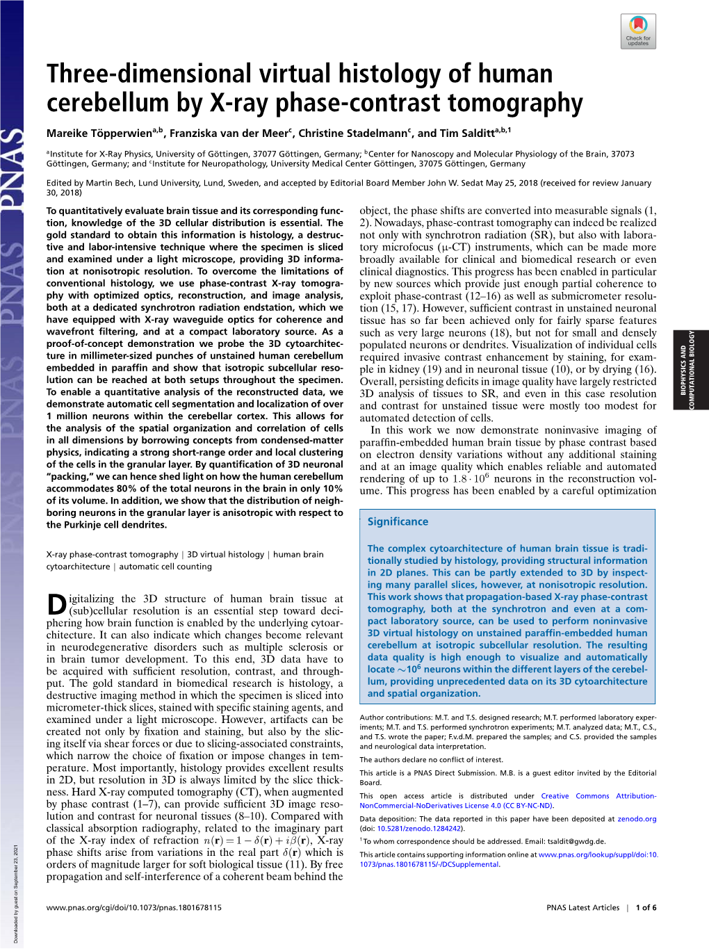 Three-Dimensional Virtual Histology of Human Cerebellum by X-Ray Phase