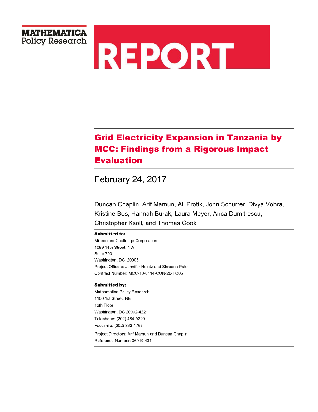Grid Electricity Expansion in Tanzania by MCC: Findings from a Rigorous Impact Evaluation
