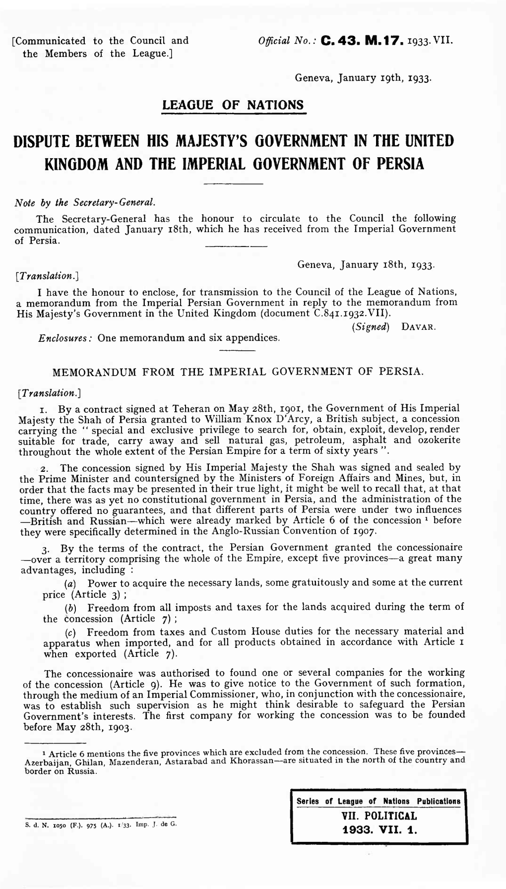 Dispute Between His Majesty's Government in the United