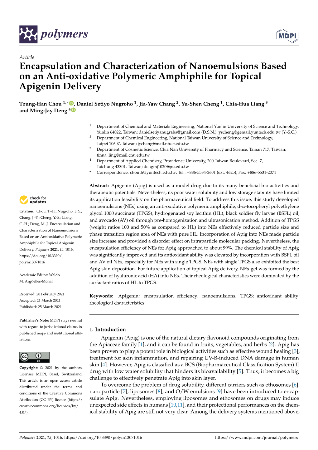 Encapsulation and Characterization of Nanoemulsions Based on an Anti-Oxidative Polymeric Amphiphile for Topical Apigenin Delivery