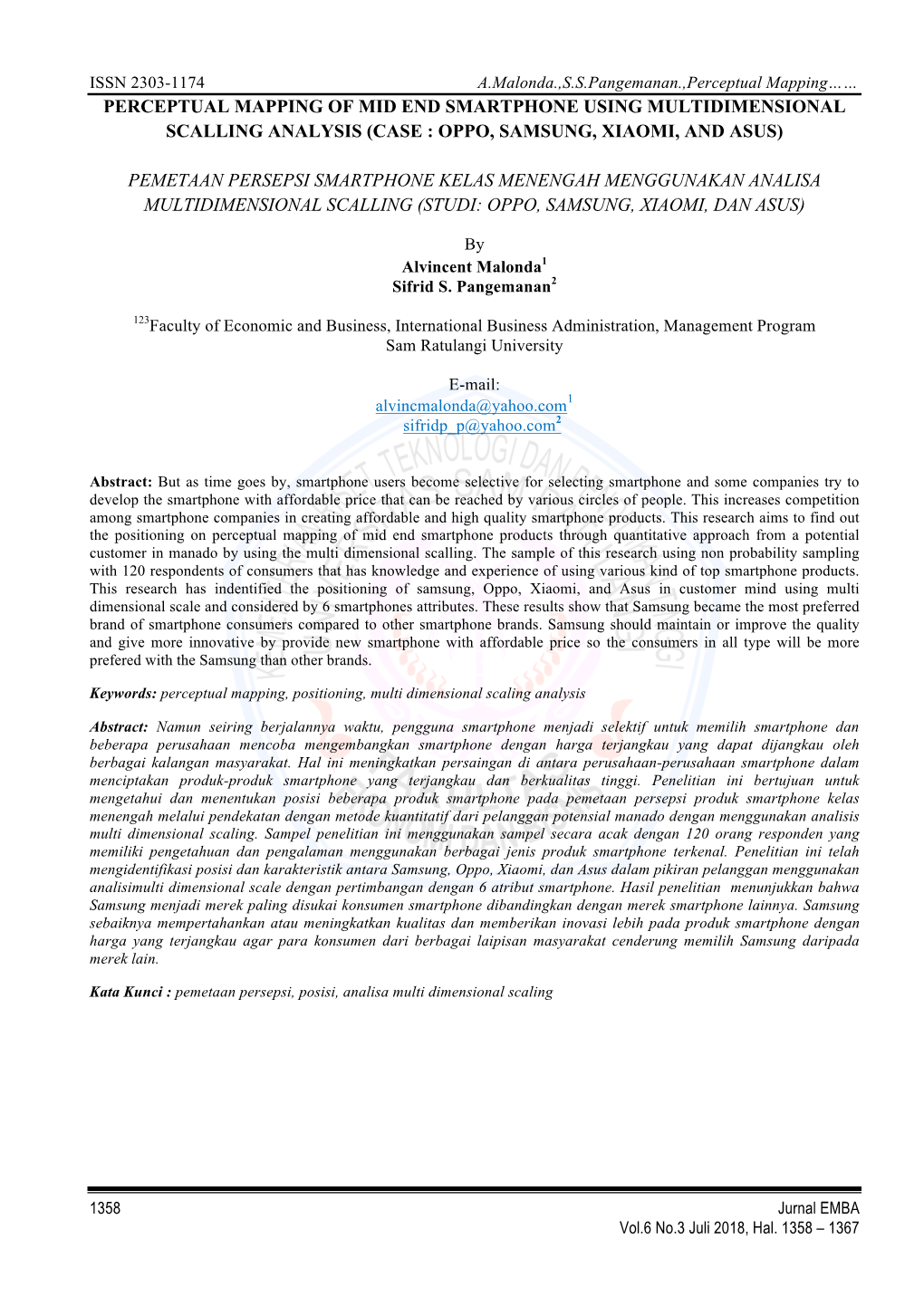 Perceptual Mapping of Mid End Smartphone Using Multidimensional Scalling Analysis (Case : Oppo, Samsung, Xiaomi, and Asus)