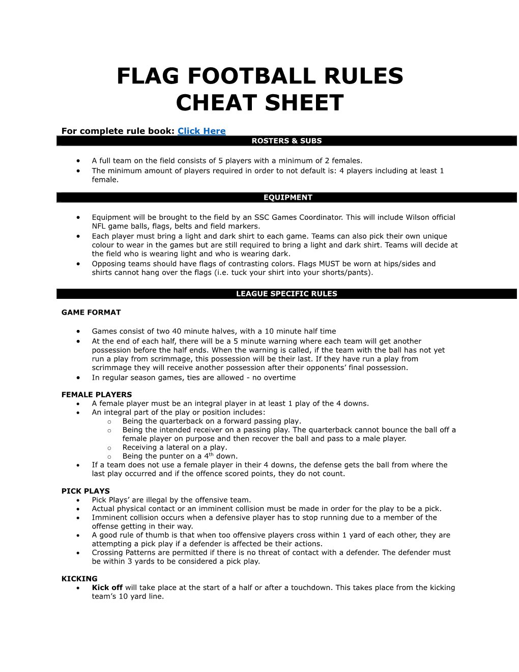 Flag Football Rules Cheat Sheet