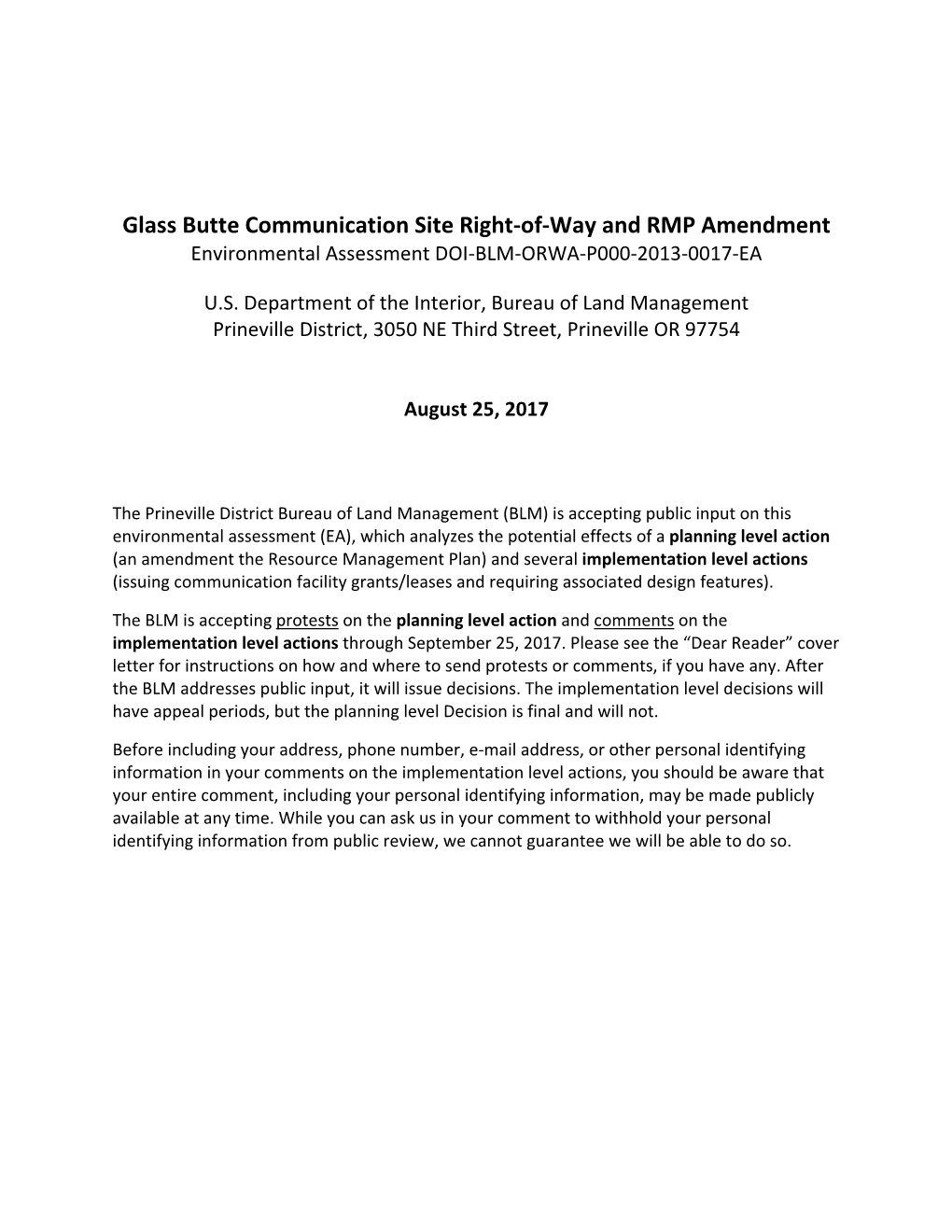 Glass Butte Communication Site Right-Of-Way and RMP Amendment Environmental Assessment DOI-BLM-ORWA-P000-2013-0017-EA