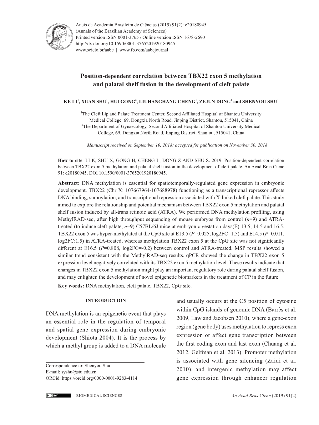 Position-Dependent Correlation Between TBX22 Exon 5 Methylation and Palatal Shelf Fusion in the Development of Cleft Palate