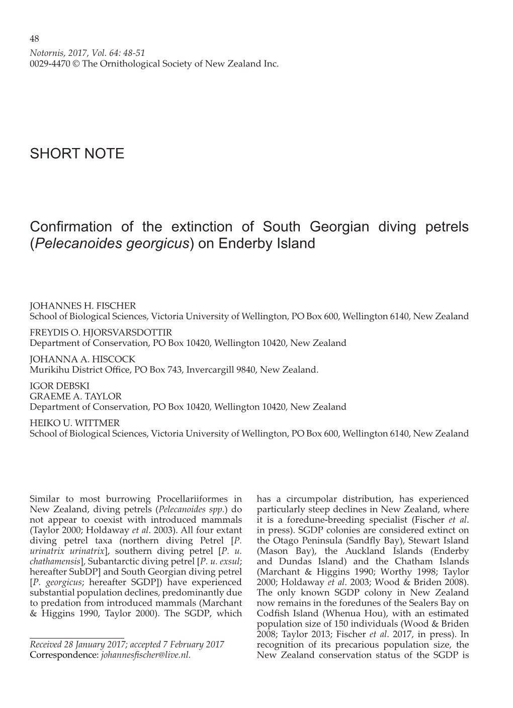 Confirmation of the Extinction of South Georgian Diving Petrels (Pelecanoides Georgicus) on Enderby Island