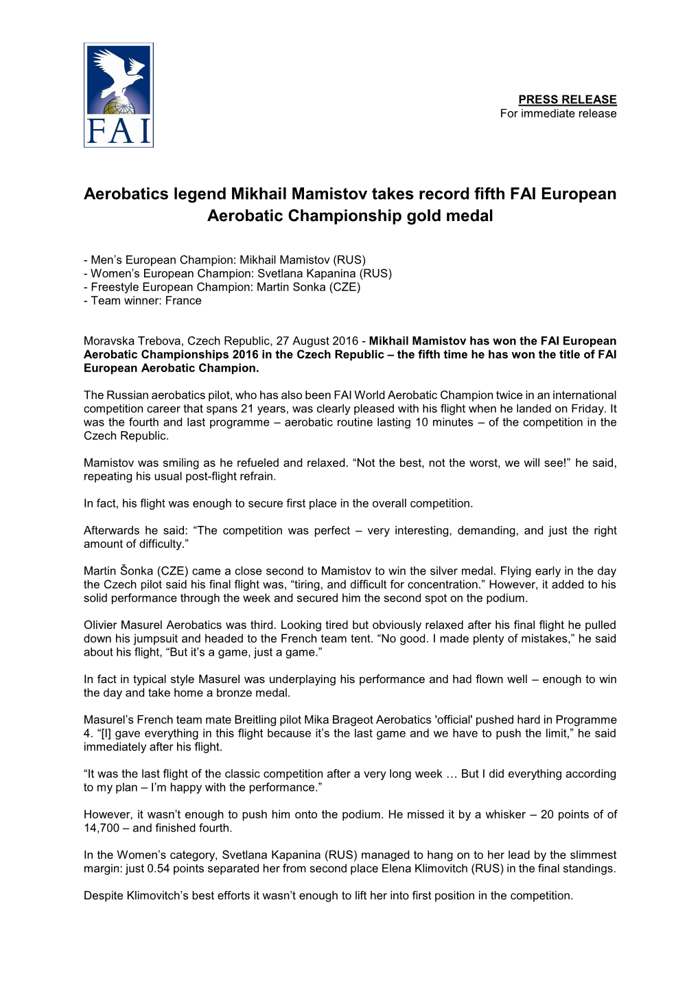 Aerobatics Legend Mikhail Mamistov Takes Record Fifth FAI European Aerobatic Championship Gold Medal