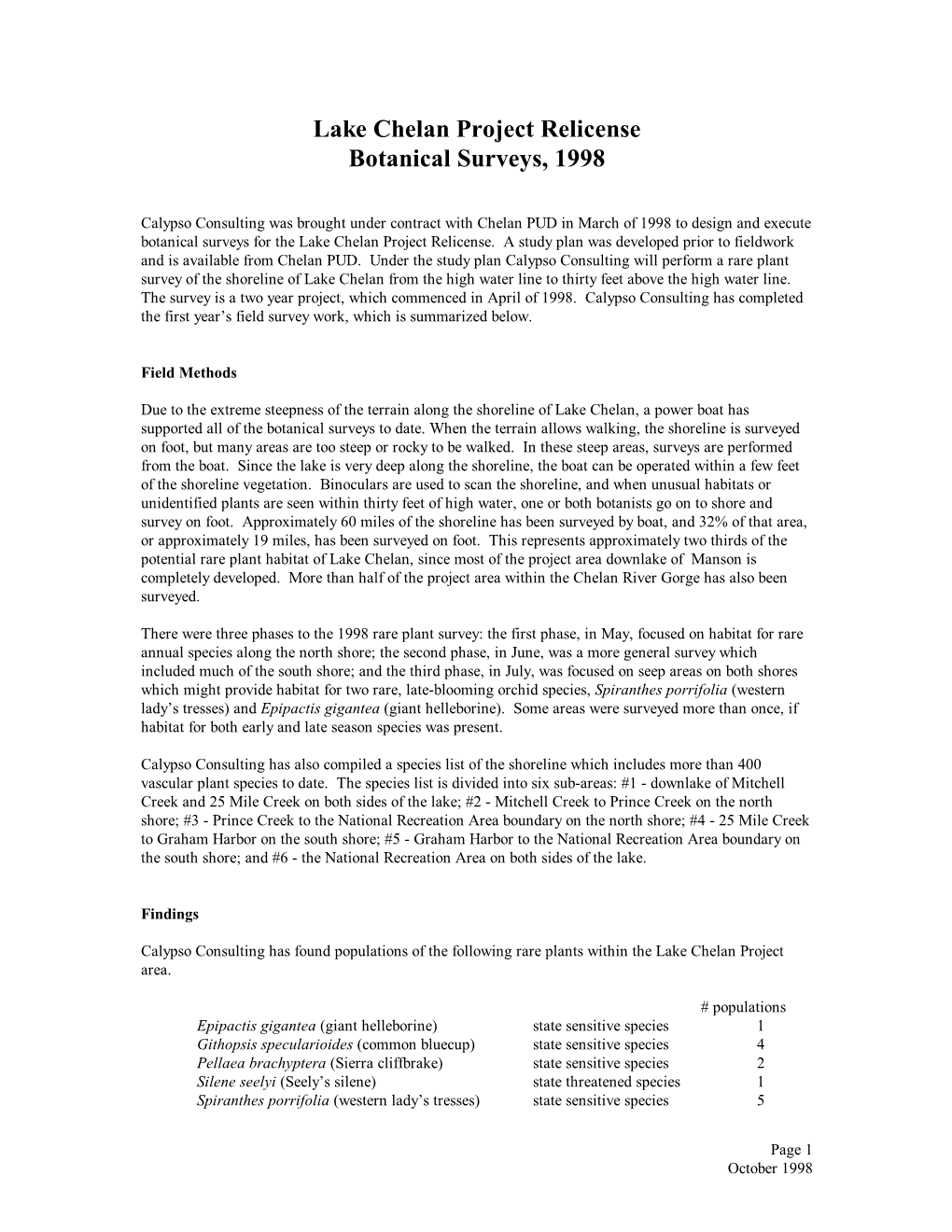 Lake Chelan Project Relicense Botanical Surveys, 1998