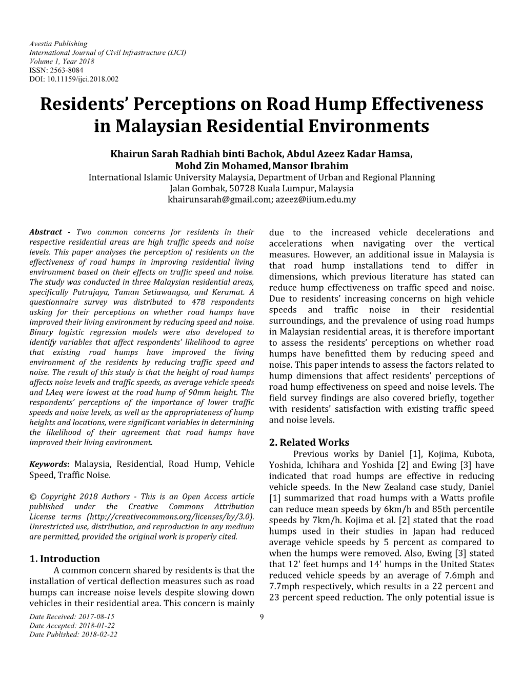 Residents' Perceptions on Road Hump Effectiveness in Malaysian