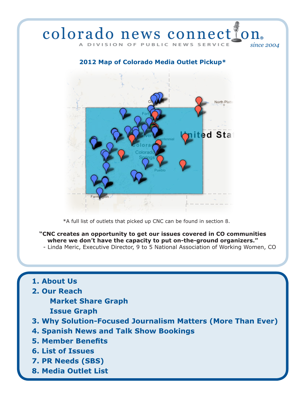 1. About Us 2. Our Reach Market Share Graph Issue Graph 3