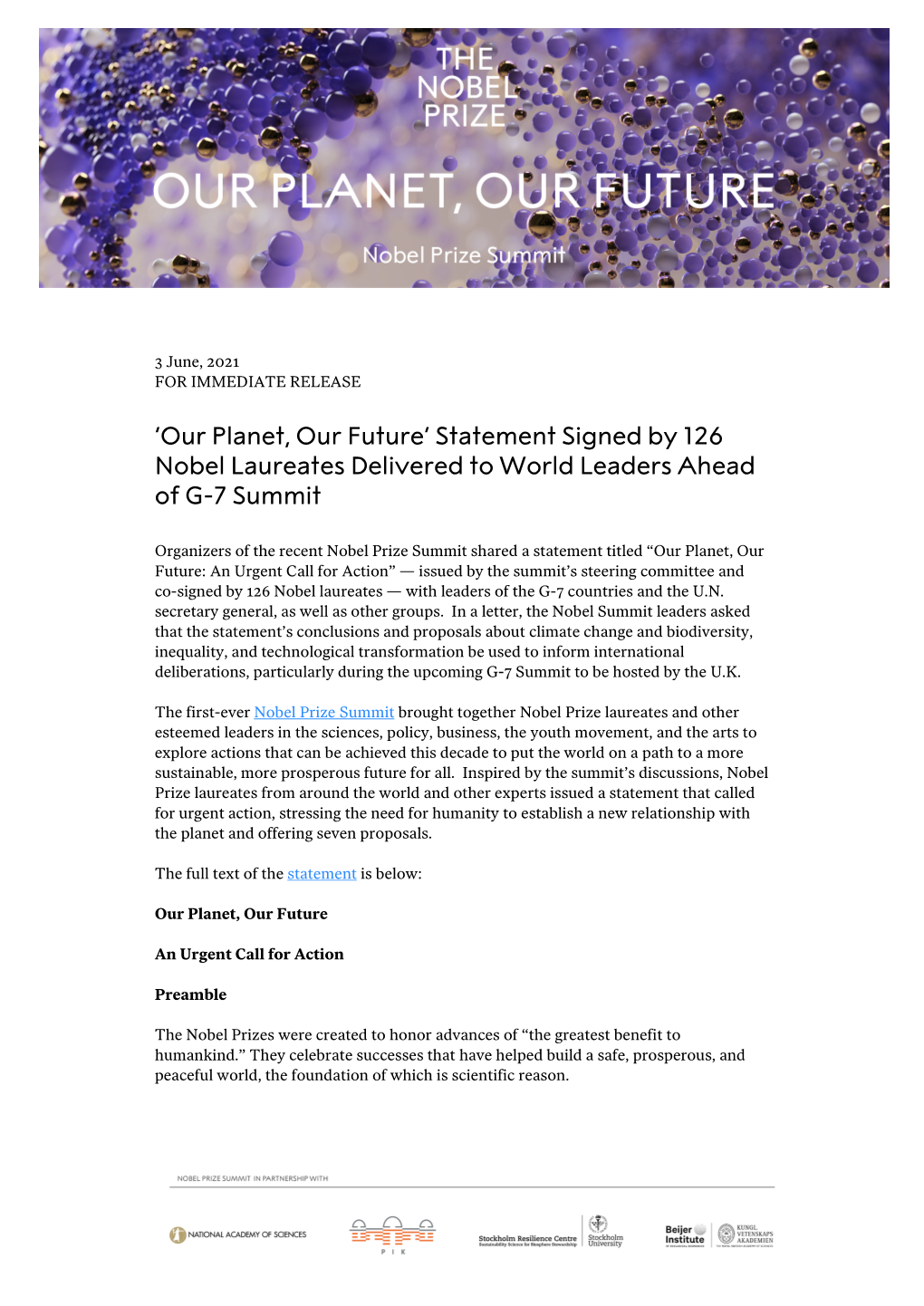 'Our Planet, Our Future' Statement Signed by 126 Nobel Laureates Delivered to World Leaders Ahead of G-7 Summit