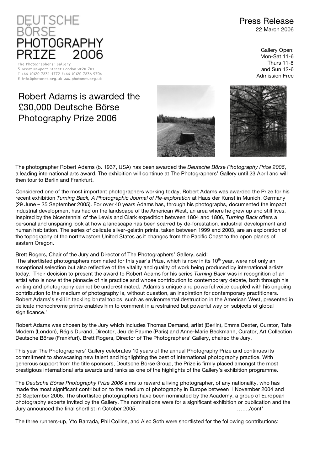 Robert Adams Is Awarded the £30,000 Deutsche Börse Photography Prize 2006