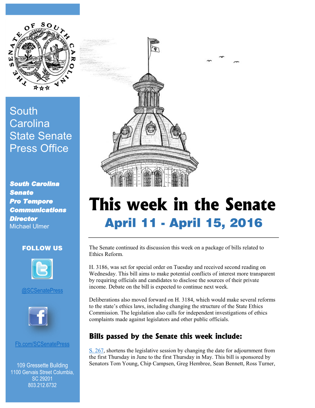 This Week in the Senate Director Michael Ulmer April 11 - April 15, 2016