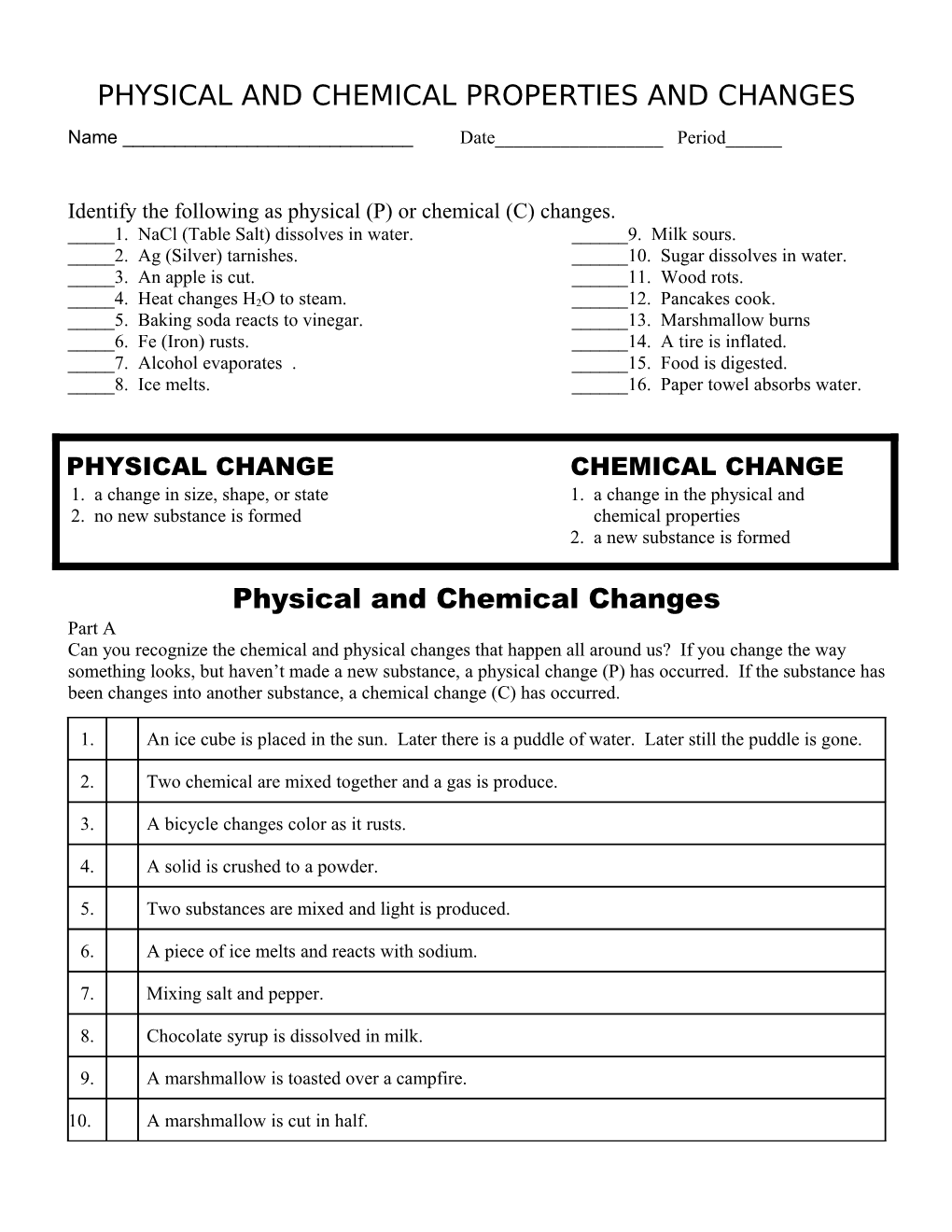 Physical and Chemical Changes Worksheet