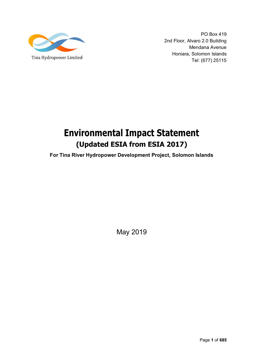 Environmental Impact Statement (Updated ESIA from ESIA 2017) for Tina River Hydropower Development Project, Solomon Islands