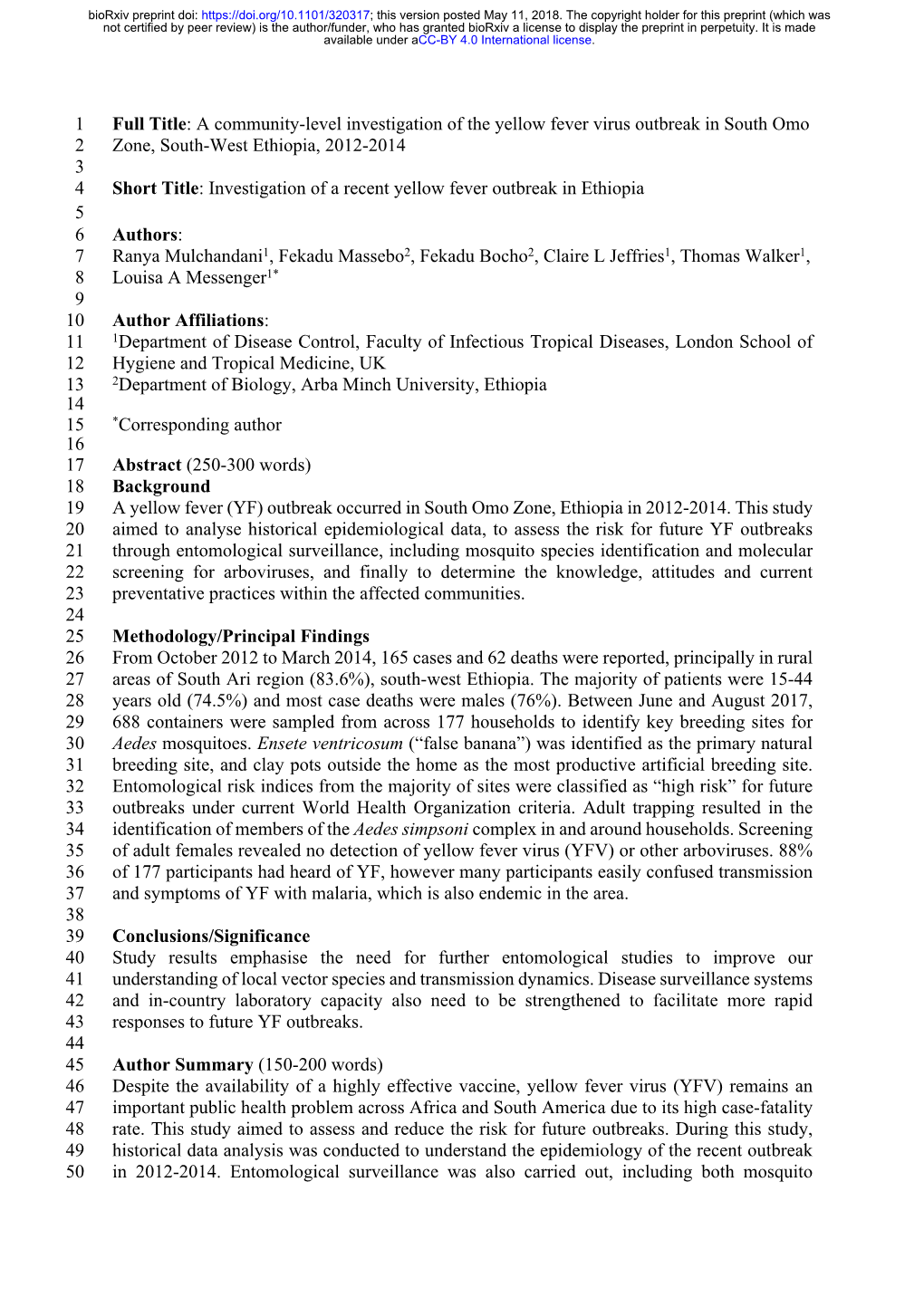 A Community-Level Investigation of the Yellow Fever Virus Outbreak in South Omo Zone, South-West Ethiopia, 2012–2014