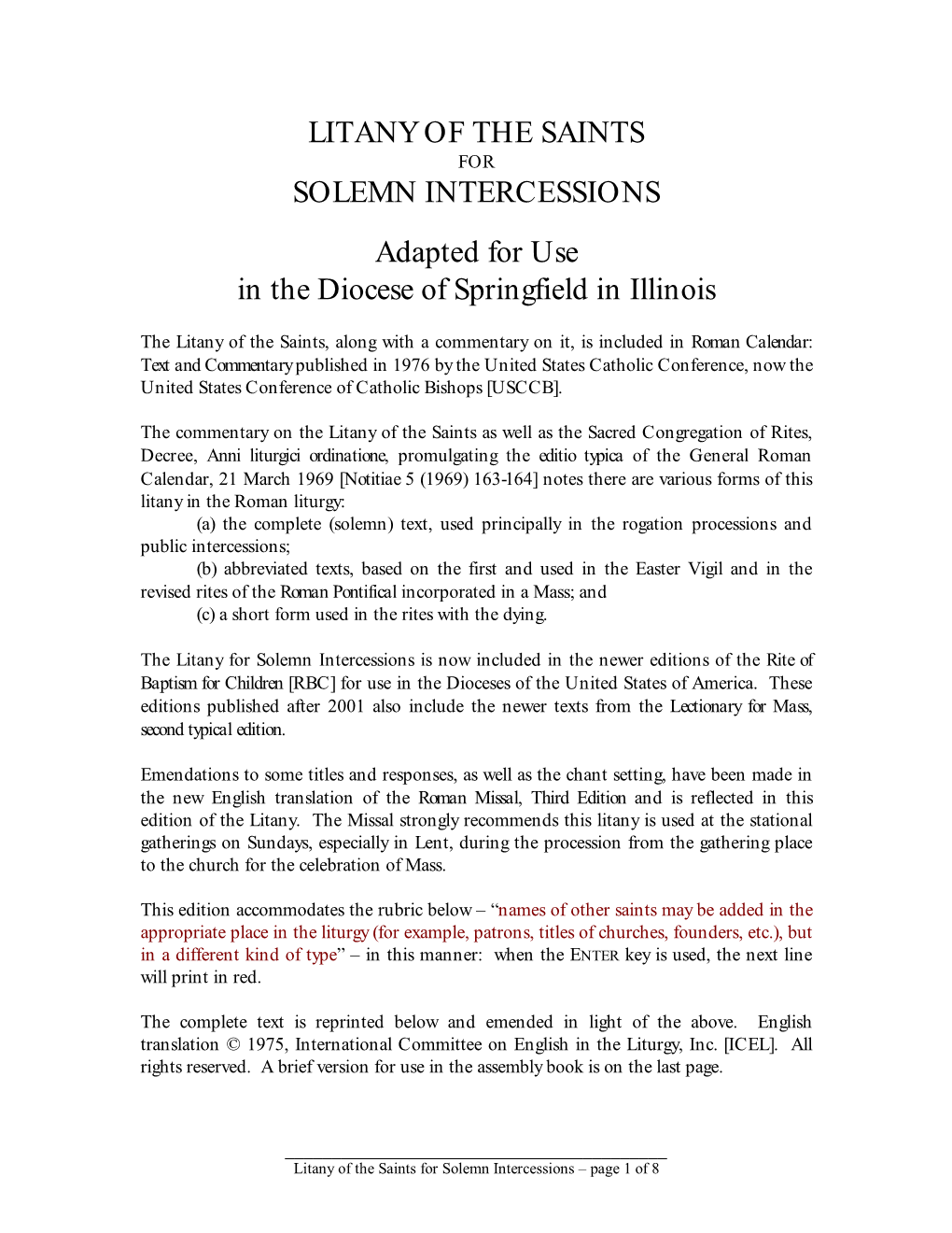 LITANY of the SAINTS SOLEMN INTERCESSIONS Adapted for Use