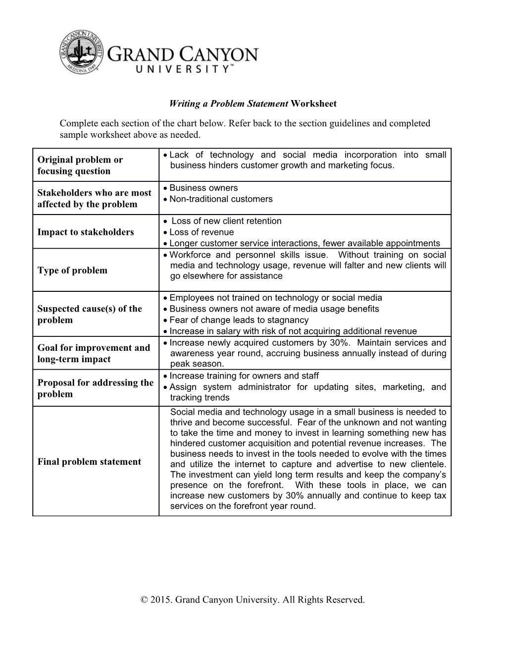 Writing a Problem Statement Worksheet