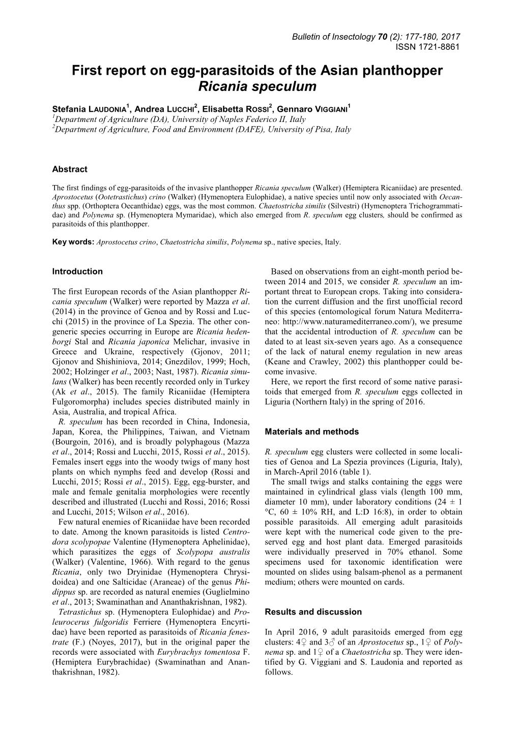 First Report on Egg-Parasitoids of the Asian Planthopper Ricania Speculum