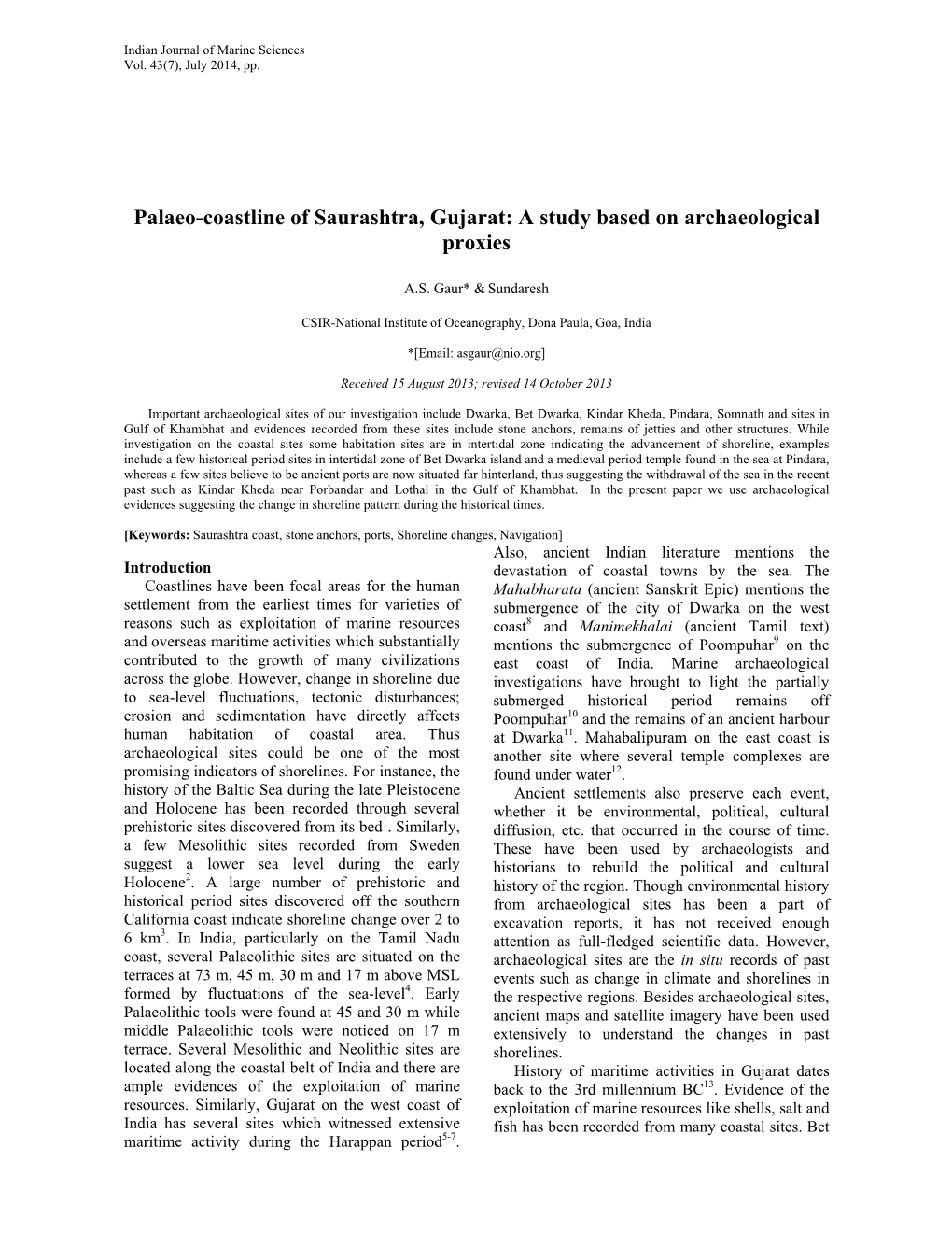 Palaeo-Coastline of Saurashtra, Gujarat: a Study Based on Archaeological Proxies