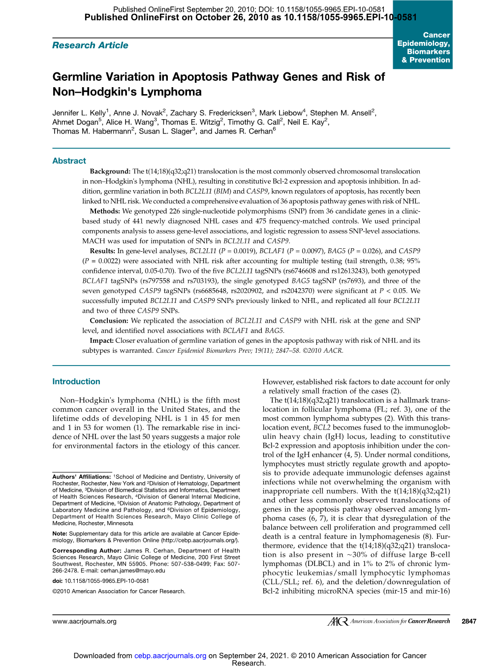 Germline Variation in Apoptosis Pathway Genes and Risk of Non–Hodgkin's Lymphoma