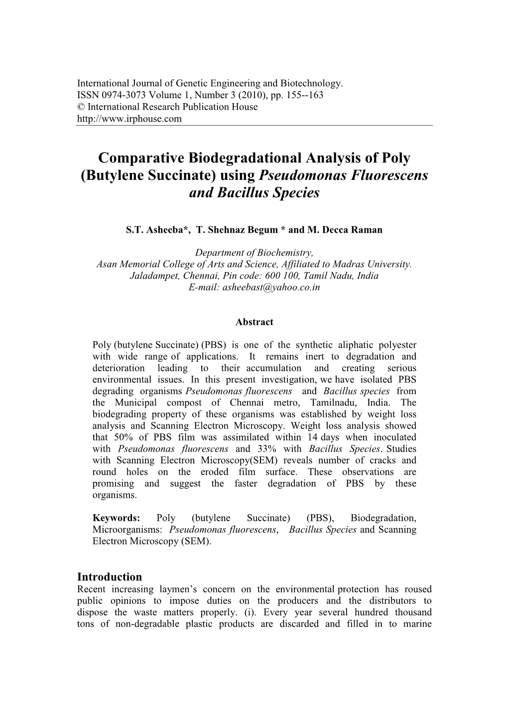 Butylene Succinate) Using Pseudomonas Fluorescens and Bacillus Species