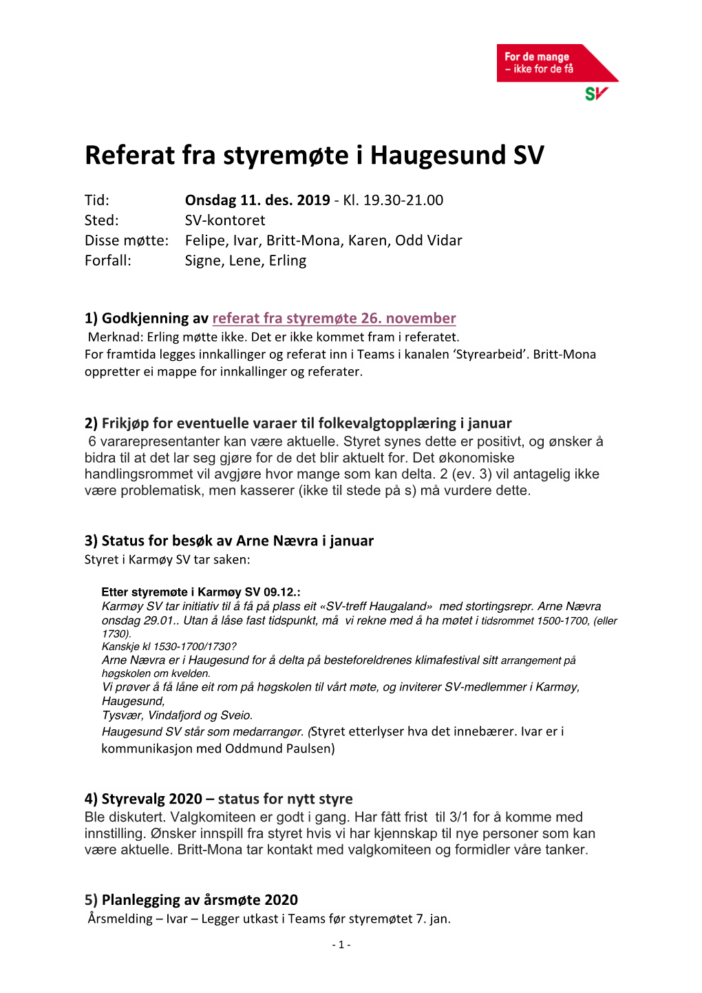 Referat Fra Styremøte I Haugesund SV