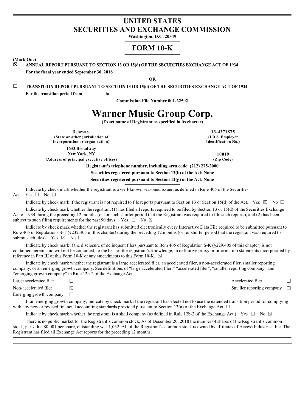 Warner Music Group Corp. | Form 10-K | 12/20/2018