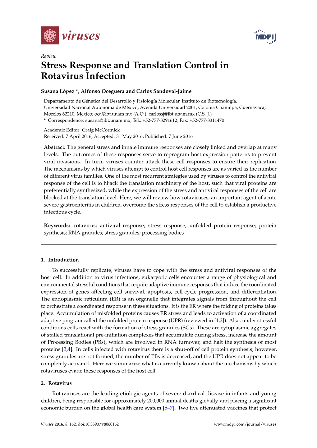 Stress Response and Translation Control in Rotavirus Infection