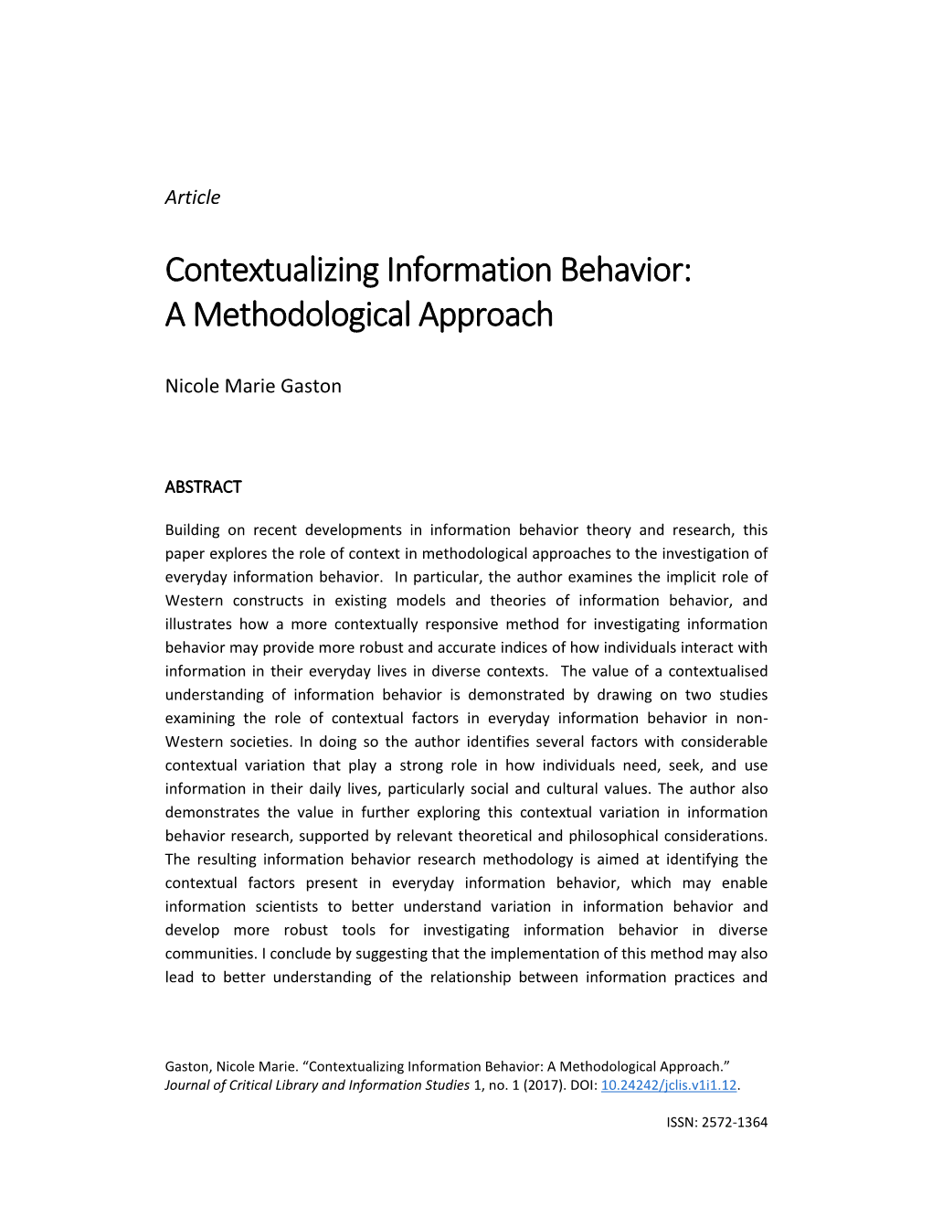 Contextualizing Information Behavior: a Methodological Approach