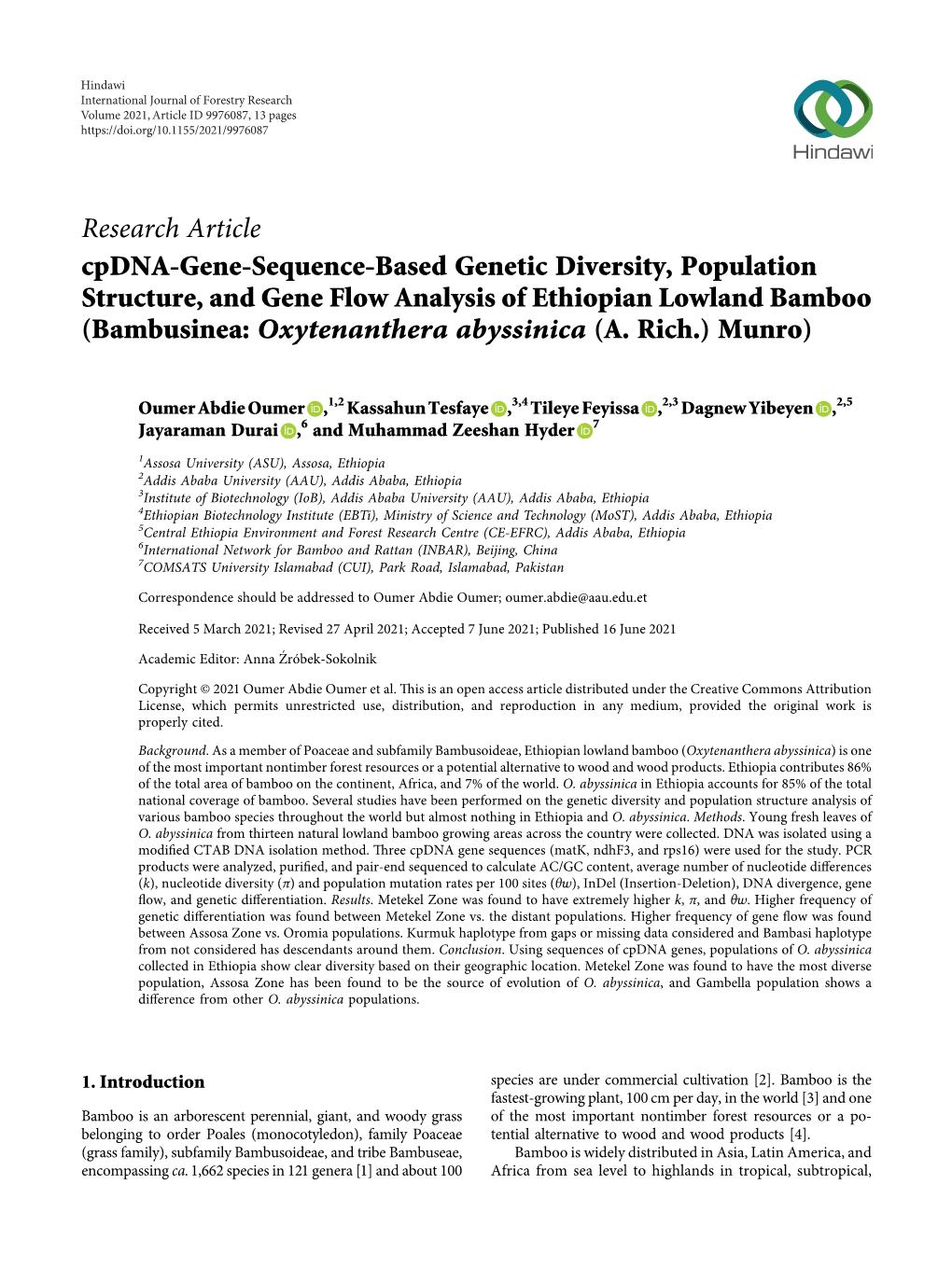 Cpdna-Gene-Sequence-Based Genetic Diversity, Population Structure, and Gene Flow Analysis of Ethiopian Lowland Bamboo (Bambusinea: Oxytenanthera Abyssinica (A