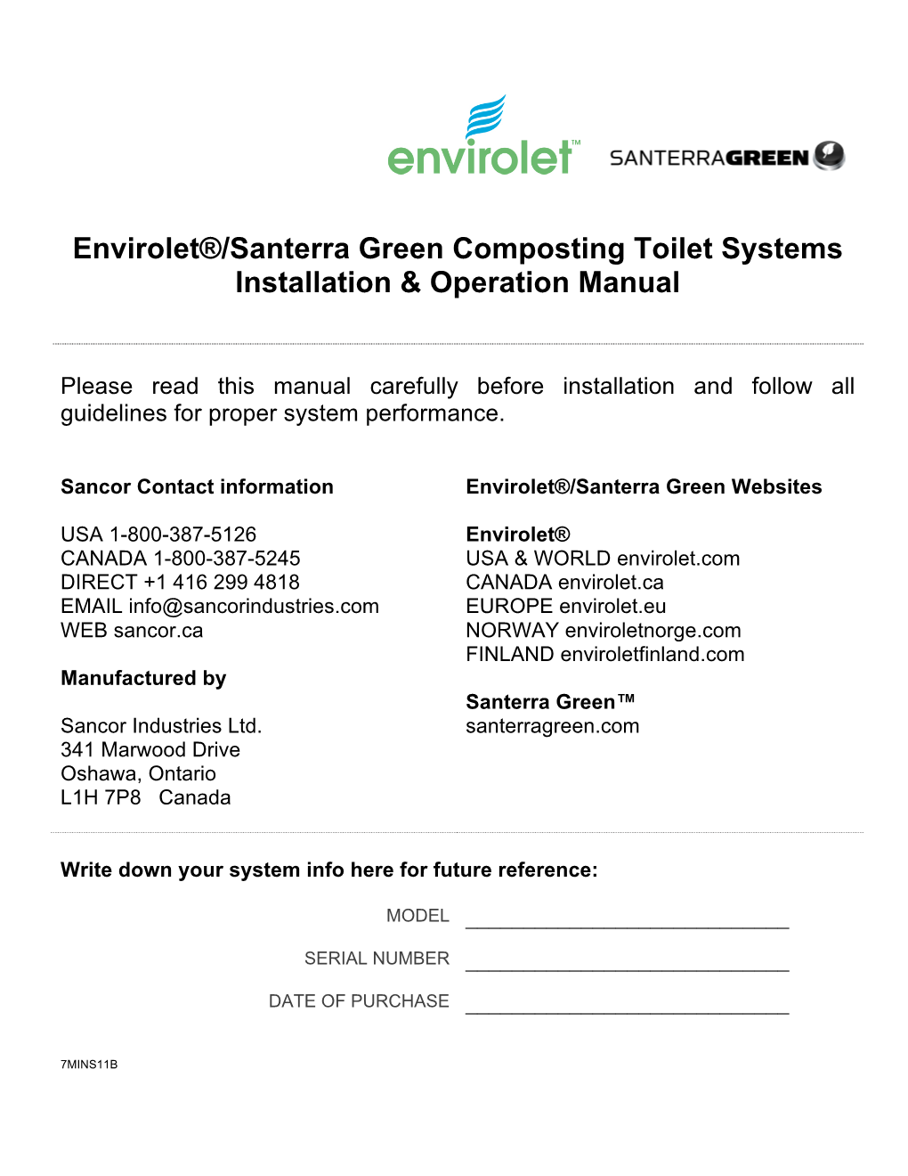 Envirolet®/Santerra Green Composting Toilet Systems Installation & Operation Manual