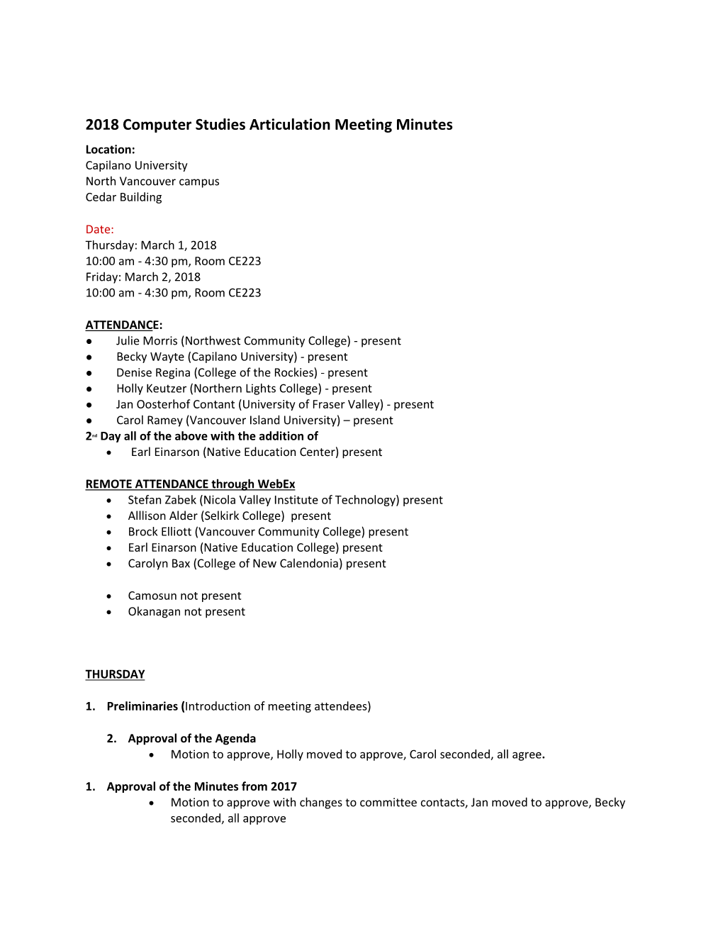 2018 Computer Studies Articulation Meeting Minutes Location: Capilano University North Vancouver Campus Cedar Building