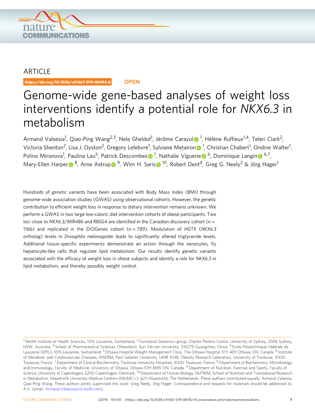 Genome-Wide Gene-Based Analyses of Weight Loss Interventions Identify a Potential Role for NKX6.3 in Metabolism