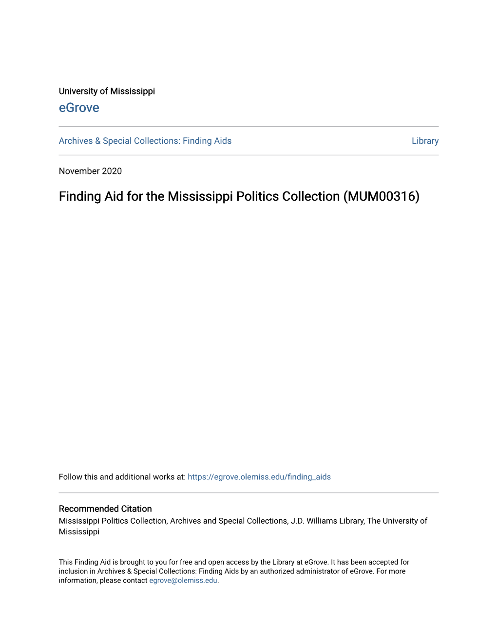 Finding Aid for the Mississippi Politics Collection (MUM00316)