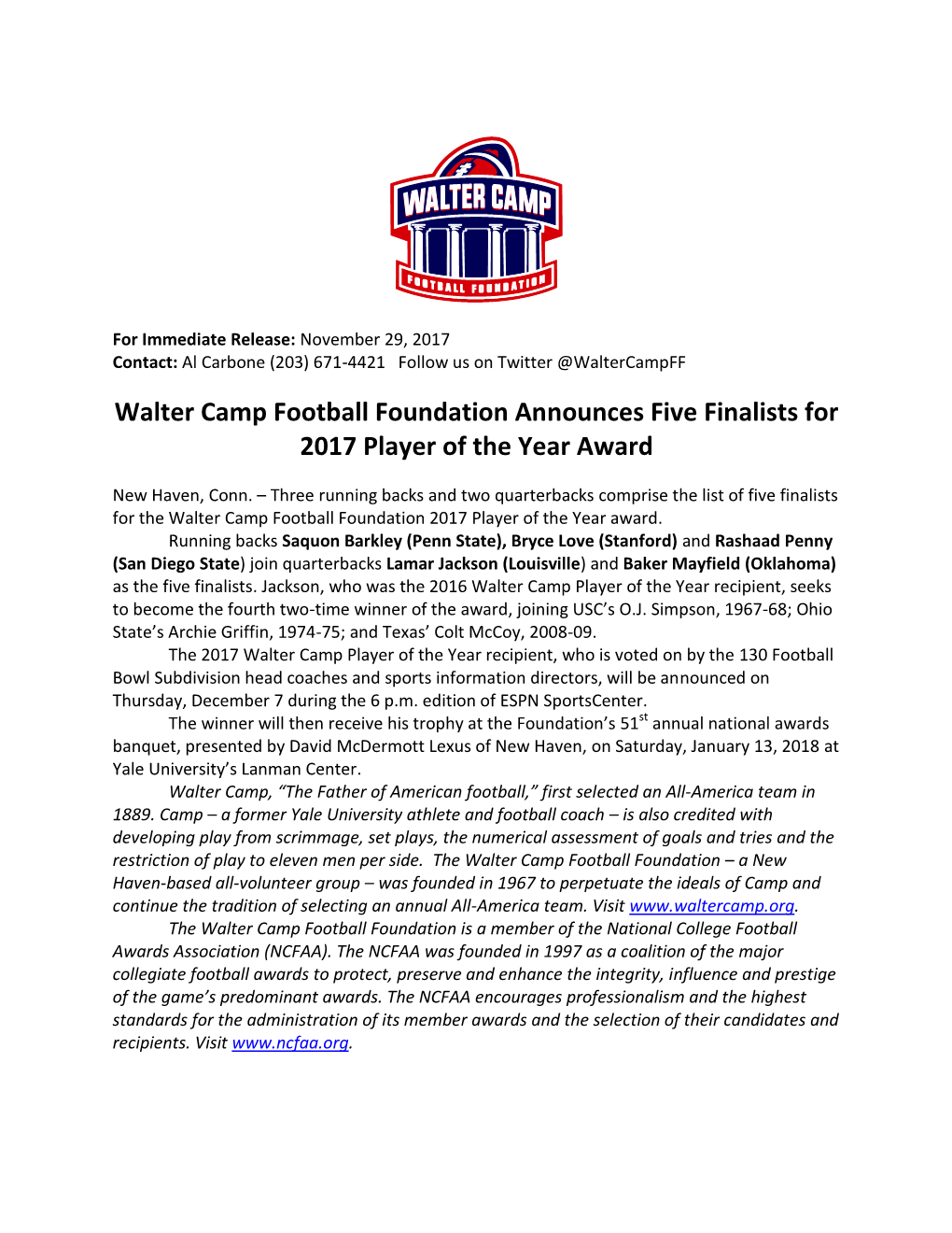 Walter Camp Football Foundation Announces Five Finalists for 2017 Player of the Year Award