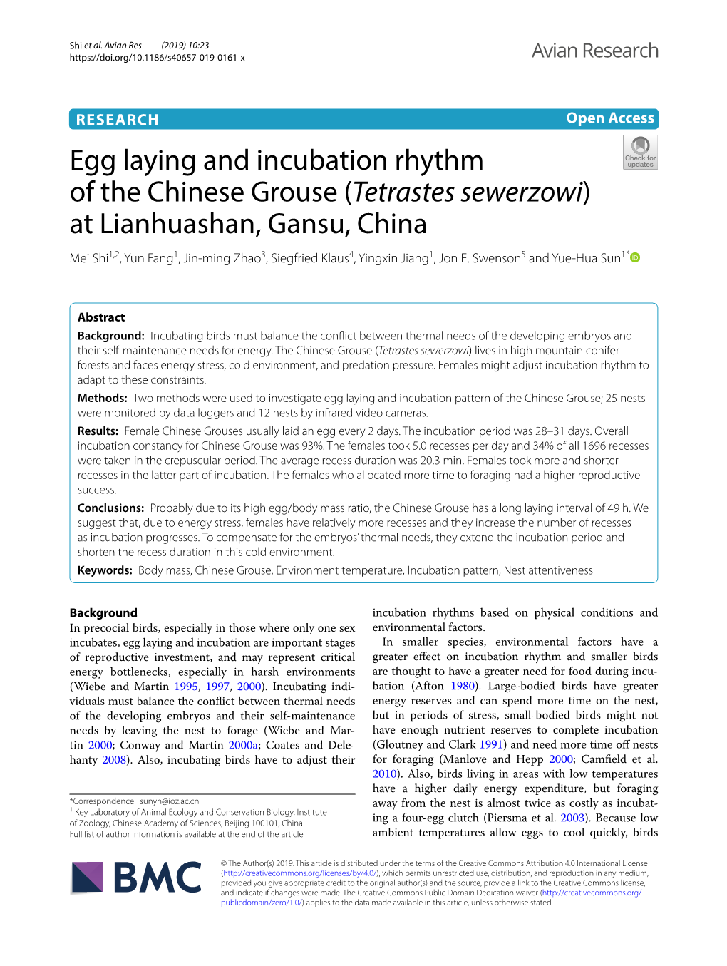 Egg Laying and Incubation Rhythm of the Chinese Grouse