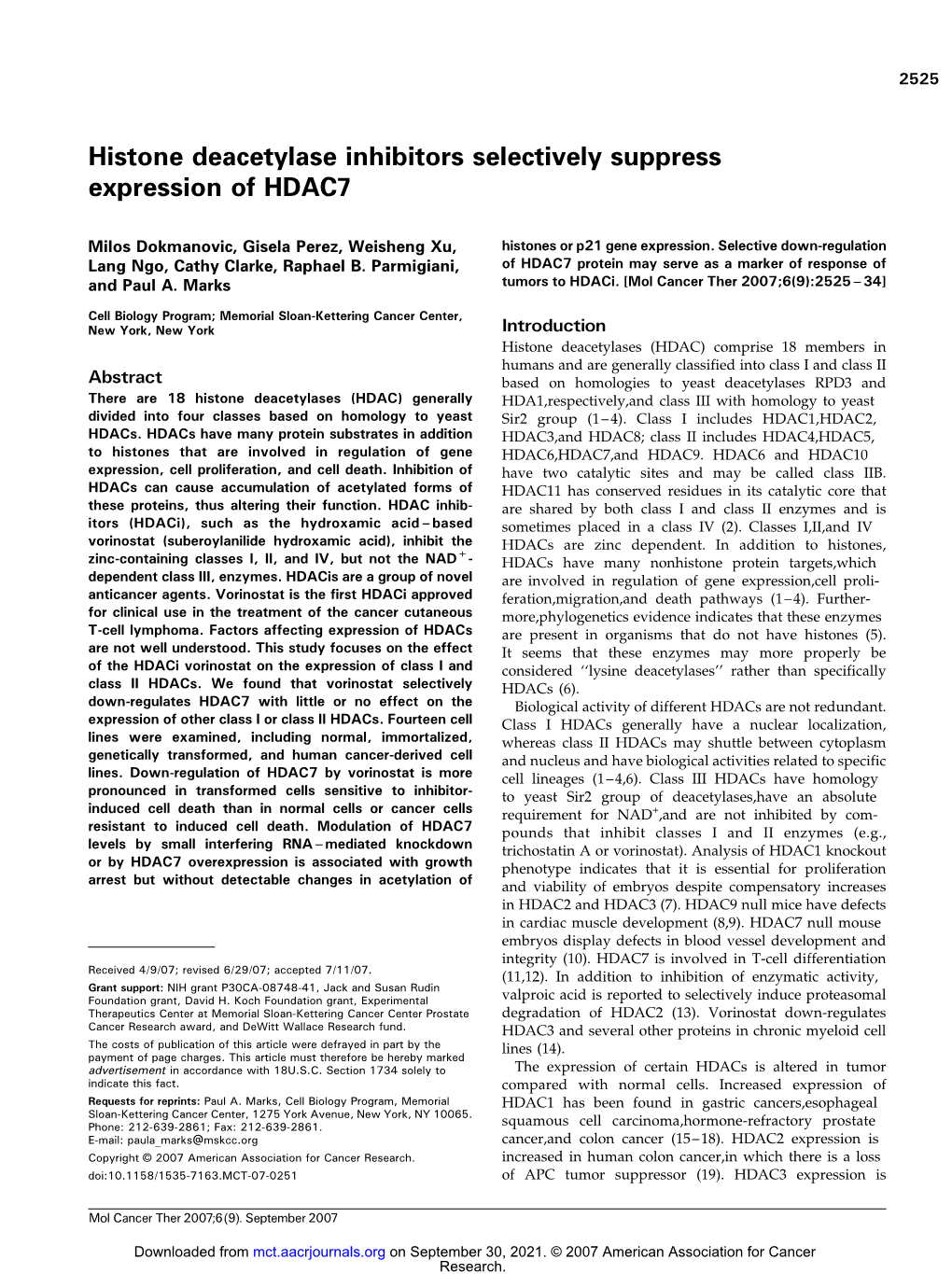 Histone Deacetylase Inhibitors Selectively Suppress Expression of HDAC7