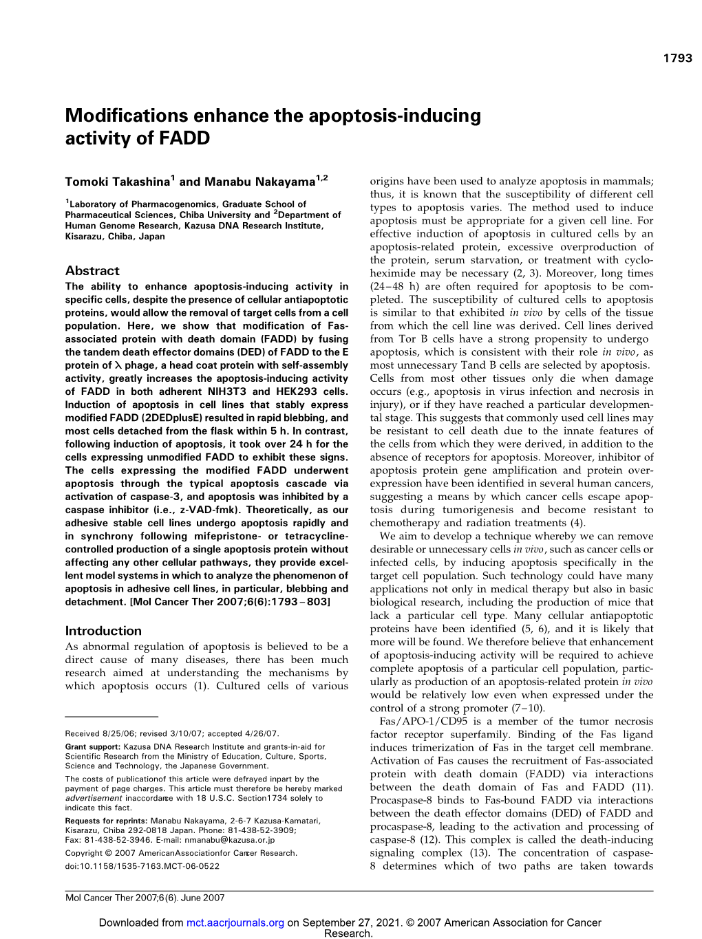 Modifications Enhance the Apoptosis-Inducing Activity of FADD